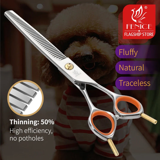 Fenice Professional 7.0 inch Pet Grooming Scissors Fluffy Traceless Dog Thinning Scissors Shears Thinning Rate 50%