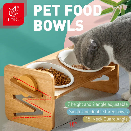 Fenice Cat Bamboo Bowl Ceramic Protection Double Bowl Anti-overturning Adjustable Dog Bowl Holder Feeding Pet Supplies