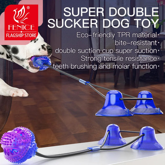 Fenice Pet Puppy Interactive Suction Double Dog Toys Push TPR Ball Toys Molar Bite Toy Elastic Ropes Dog Tooth Cleaning Chewing