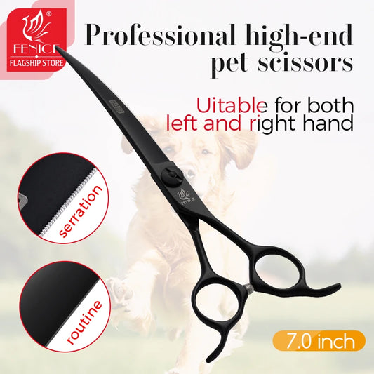 Fenice professional 7 inch curved cutting serration scissors blade with saw pet scissors for dog grooming shears makas tijeras