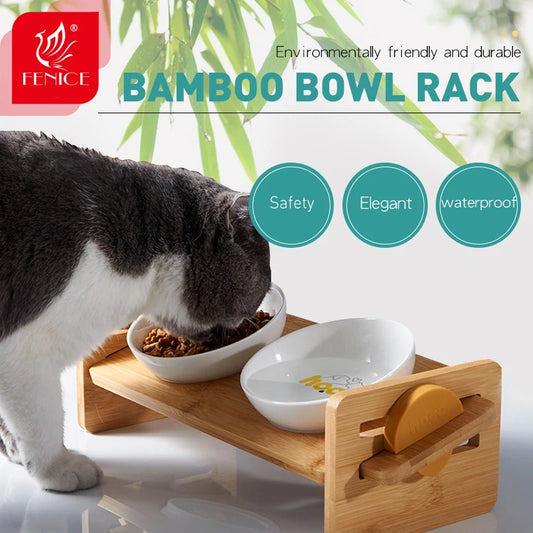 Fenice Pet Dog Bowls Elevated Heights Adjustable Bamboo Food and Water Dishes Puppy Pet Cat Neck Care Raise Stand Bowl