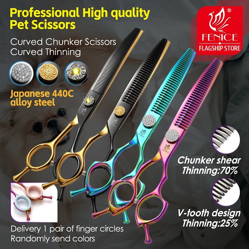 Fenice Grooming Scissors Diamond Screw 7.25 Inch Professional Curved Chunker Scissors Thinner Shears for Pet Beautician Tesoura - FENICE TOTEM