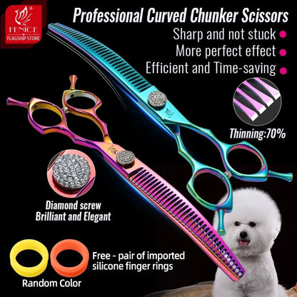 Fenice Grooming Scissors Diamond Screw 7.25 Inch Professional Curved Chunker Scissors Thinner Shears for Pet Beautician Tesoura - FENICE TOTEM