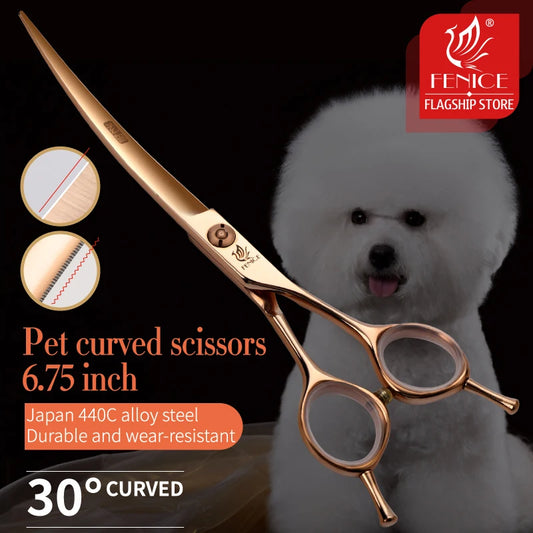Fenice Professional 6.5/7 Inch Pet Curved Grooming Scissors serrated blade with saw Pet Scissors Shears for Dogs Cats JP440C