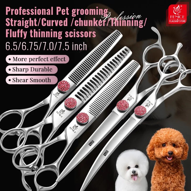 Fenice Professional 6/6.75/7/7.5 Inch Pet Scissors For Dog Grooming Straight&Thinner&Curved&Chunker Grooming Shears Tool Set - FENICE TOTEM