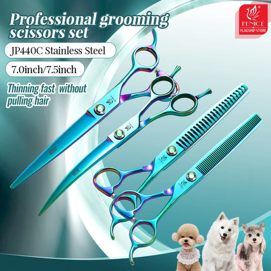 Fenice JP440C Steel 7/7.5 Inch Dog Beauty Scissors Pet Dogs Grooming Scissors Set Straight&Curved &Thinner&Chunker Shears Kits