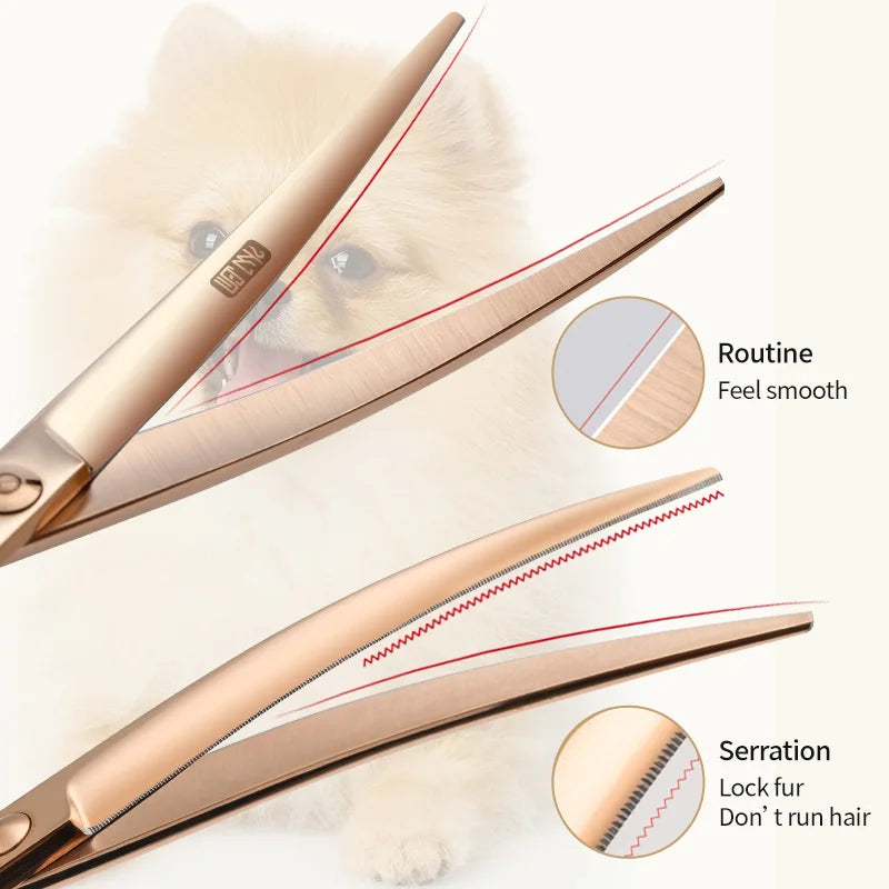 Fenice 6.5/7.0 inch JP440C Rose gold Pet Dog Grooming Routined/Serrated Curved Scissors Traceless/V-shaped Teeth Thinning Shears