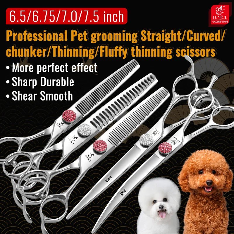 Fenice Professional 6/6.75/7/7.5 Inch Pet Scissors For Dog Grooming Straight&Thinner&Curved&Chunker Grooming Shears Tool Set - FENICE TOTEM