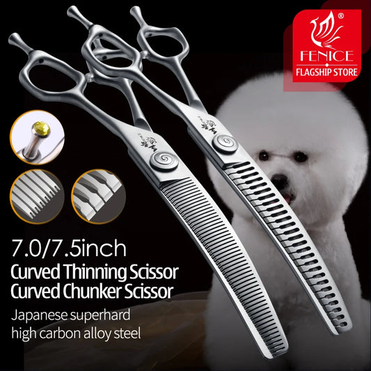 Fenice High Quality 7.0/7.5 Inch Professional Dog Grooming Shears Curved Chunker Thinning Scissors for Dog Face Body Cutting