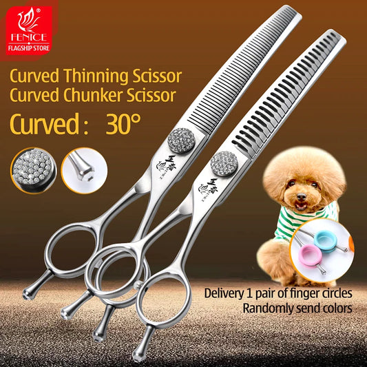Fenice Dog Grooming Scissors Diamond Screw 7/7.5 Inch Curved Chunker Scissors Thinner Shears for Dog Beauty Scissors