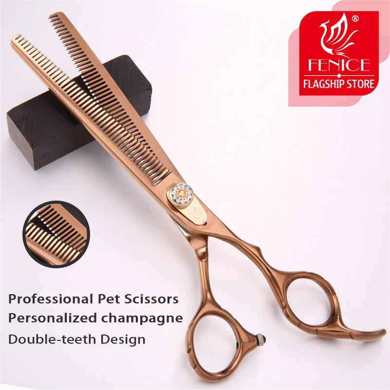 Fenice 7.0 inch Professional Double Teeth Scissors for Pet Dog Grooming Thinner Chunker Thinning Rate 20-30% JP440C