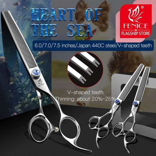 Fenice Pet hair thinning Scissors 7.0 7.5 inch Professional Japan 440c shears for dog grooming cutting