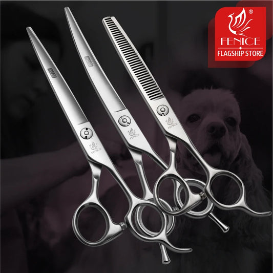 Fenice 6.5/7.0/7.5/8.0 Pet Grooming Scissors Set Dog Hair Cutting Shears Cutting Thinning Curved Scissor Kit