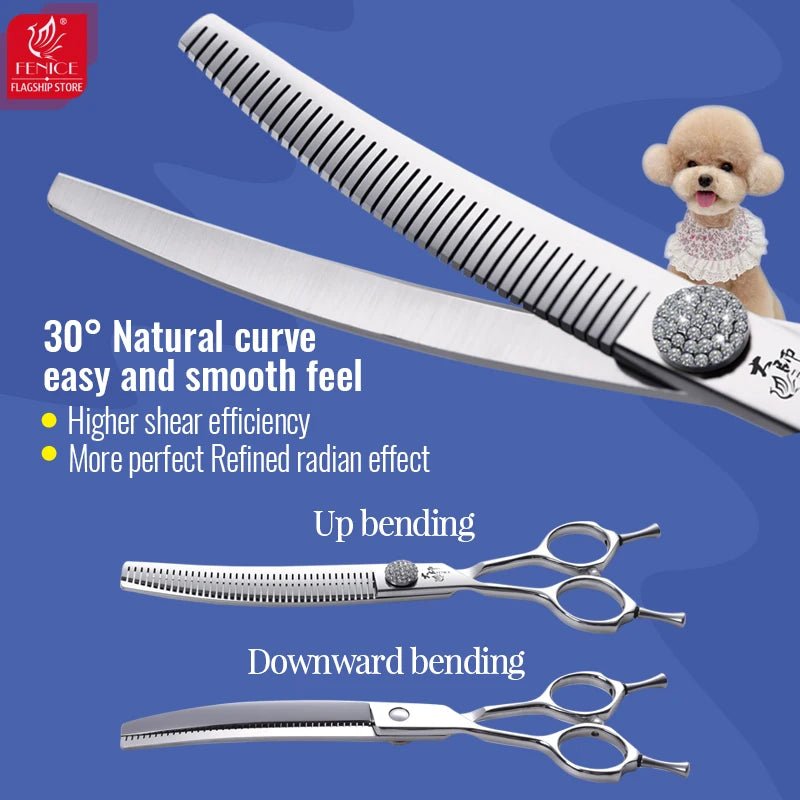 Fenice Left Hand 7 Inch JP440C Steel Pet Hair Scissors For Dog Grooming Curved Thinner&Straight Fluffy Shears For Dogs Grooming - FENICE TOTEM