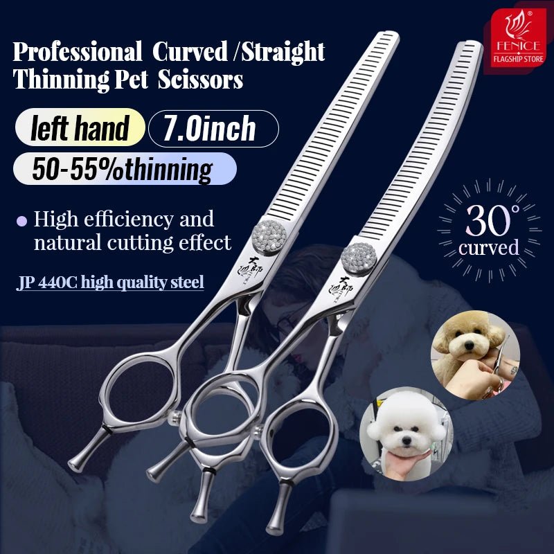 Fenice Left Hand 7 Inch JP440C Steel Pet Hair Scissors For Dog Grooming Curved Thinner&Straight Fluffy Shears For Dogs Grooming - FENICE TOTEM