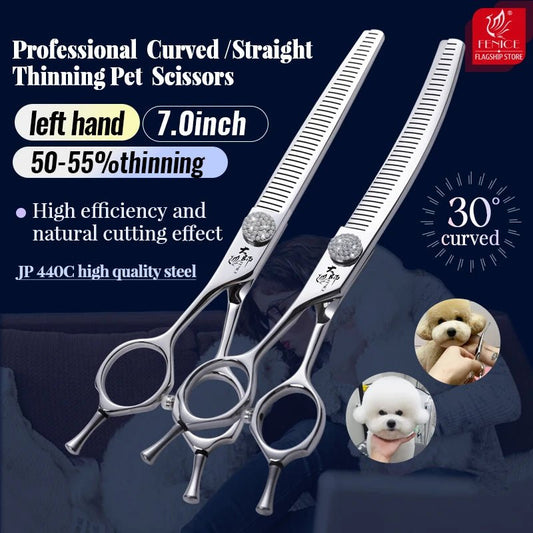 Fenice Left Hand 7 Inch JP440C Steel Pet Hair Scissors For Dog Grooming Curved Thinner&Straight Fluffy Shears For Dogs Grooming - FENICE TOTEM